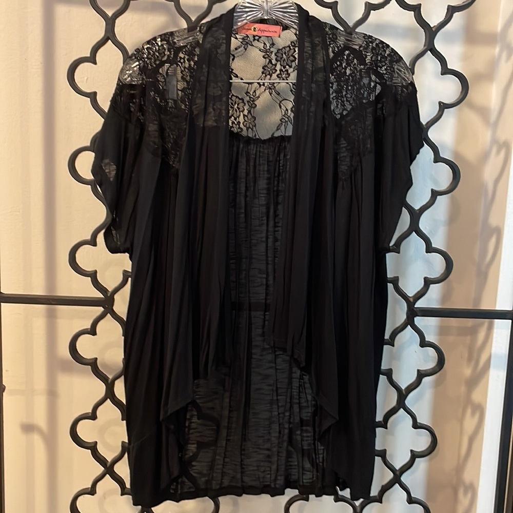 Black Sheer Short Sleeve Open Cardigan with Lace  Size S
